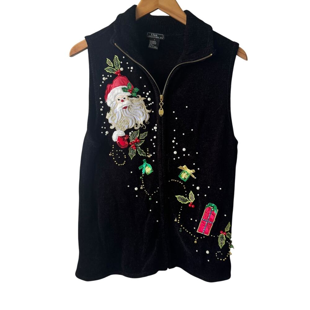 Lisa International Santa Claus Christmas Sweater Vest Women L Holiday Party